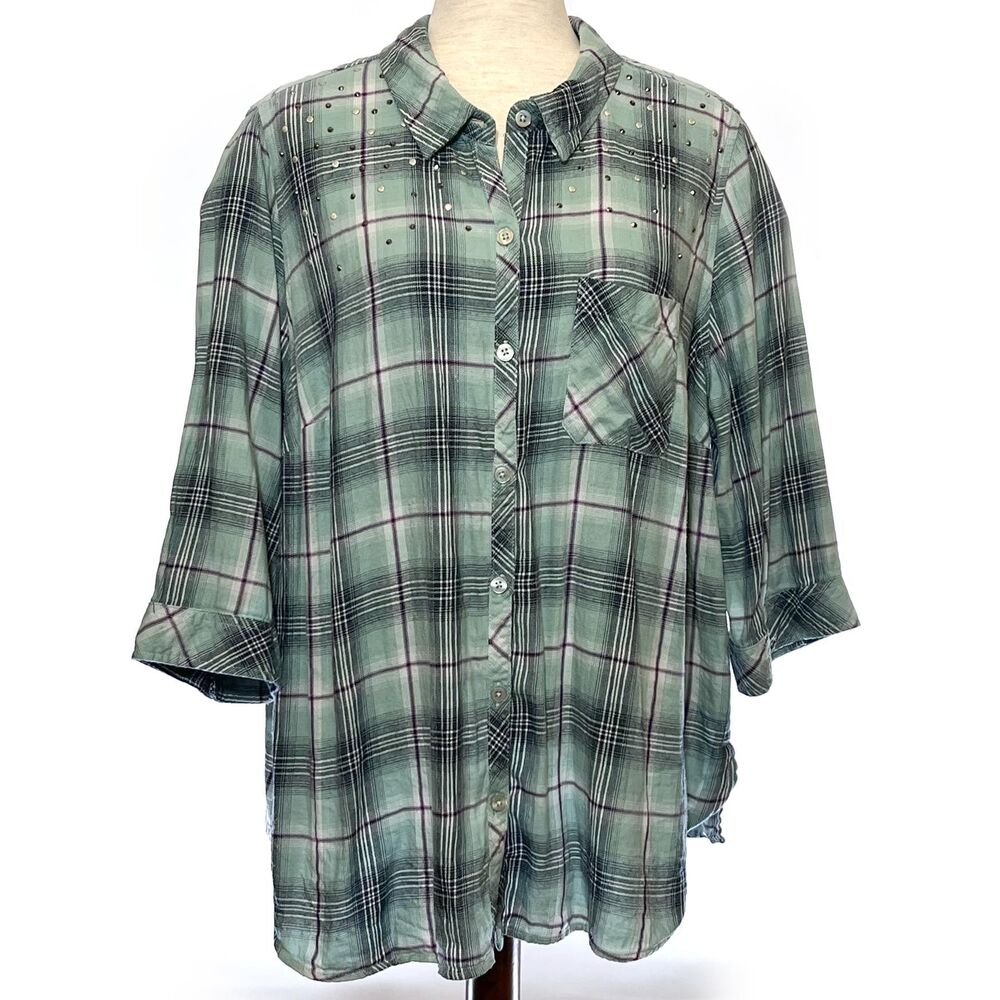 Catherines Plus Plaid Studded Shirt 1X
